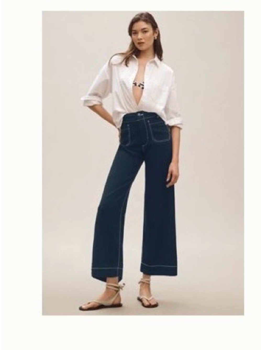 High-Rise Wide Leg linen pants in Navy with contrast stitch